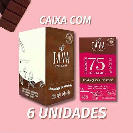 Chocolate com AÇÚCAR DE COCO - 75% cacau - CAIXA COM 6 UNIDADES 80G