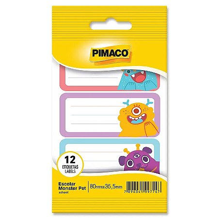 Etiqueta escolar Monster Pet com 12 unidades - Pimaco