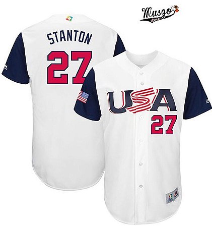 Camisa Esportiva Baseball Selecão Americana Giancarlo Stanton Numero 27 Branca e Azul