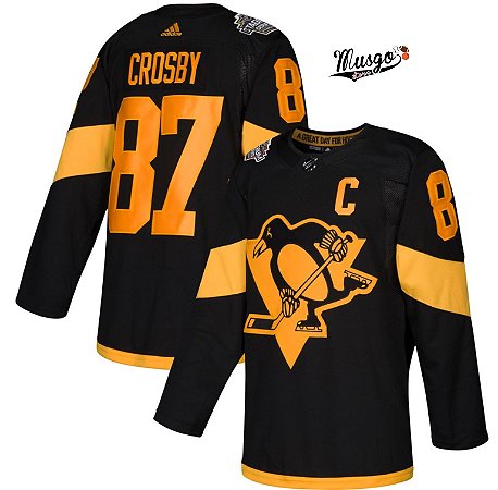 Camisa Esportiva Hockey NHL Pittsburgh Penguins Sidney Crosby #87 Preta  Classica