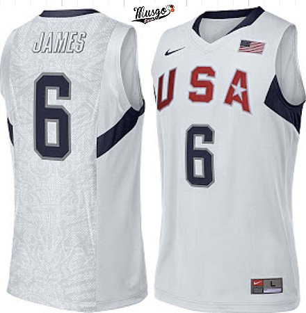 Camiseta Esportiva Regata Basquete Seleção Americana Olimpiadas Pequim 2008 Lebron James Número 6 Branca