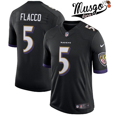 Camisa Esporte Futebol Americano NFL Baltimore Ravens Joe Flacco Número 5 Preta