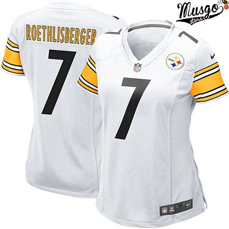Camisa Esporte Futebol Americano Feminina NFL Pittsburgh Steelers Big Ben Roethlisberger Número 7 Branca