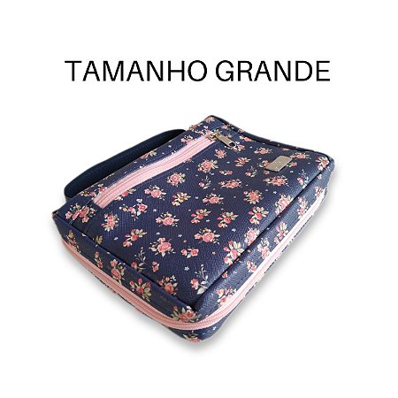 Bolsa Para Bíblia Tamanho Grande Floral Rosas Azul Marinho