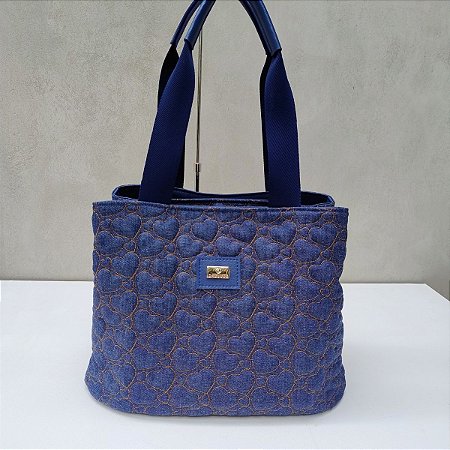Bolsa Tote Com 3 Divisórias Jeans Azul Bordado Corações