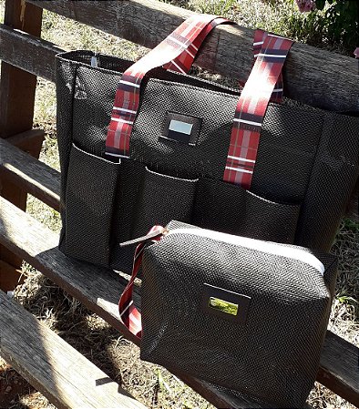 Bolsa de Praia em Tela Com Alças Listradas Coloridas  Kit Dalulus - Marrom