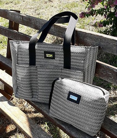 Bolsa de Praia em Tela Kit Dalulus - Preta e Bege