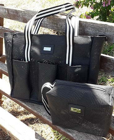 Bolsa de Praia em Tela Com Alças Listradas Kit Dalulus - Preta