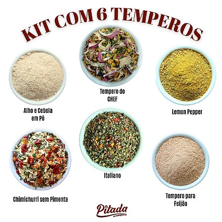 Kit Tempero p/ Feijão, Tempero do Chef, Tempero Italiano, Chimichurri, Lemon Pepper,  Alho e Cebola em Pó