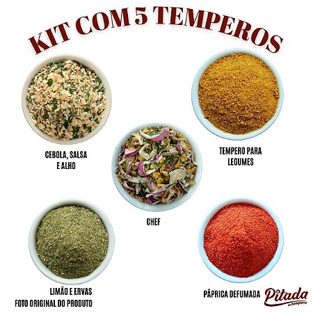 Kit Páprica Defumada, Cebola Salsa e Alho, Tempero do Chef, Limão e Ervas, Natural para Legumes