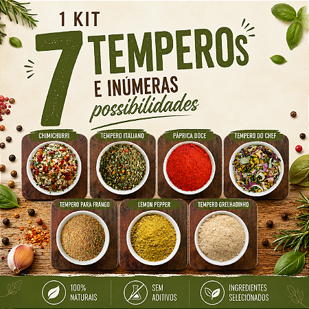 Kit Páprica Doce + Lemon Pepper + Tempero do Chef + Chimichurri + Grelhadinho + Tempero Italiano + Tempero Frango Assado