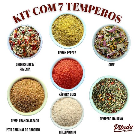 Kit Páprica Doce, Lemon Pepper, Tempero do Chef, Chimichurri, Grelhadinho, Tempero Italiano, Tempero Frango Assado
