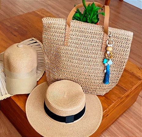 Combo Bolsa de palha quadrada e Chapéu Dobrável