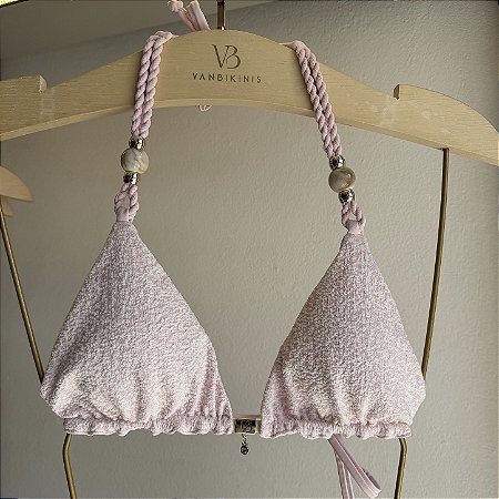 Top cortininha com bojo detalhes trançados e miçangas alças com bojo removível Algodão doce rosa (CALCINHA NÃO INCLUSO)