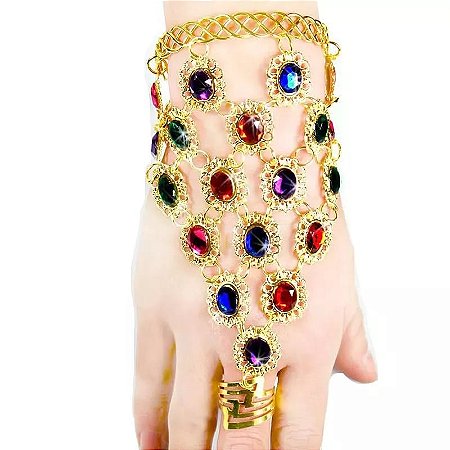 Pulseira Dourada c/ Chaton Colorido com Anel Dança do Ventre e Cigana