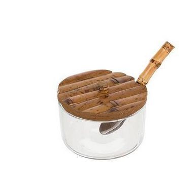 CJ 3 PEÇAS DE VIDRO - PORTA GELÉIA / PORTA QUEIJO C/ COLHER - BAMBU NATURAL