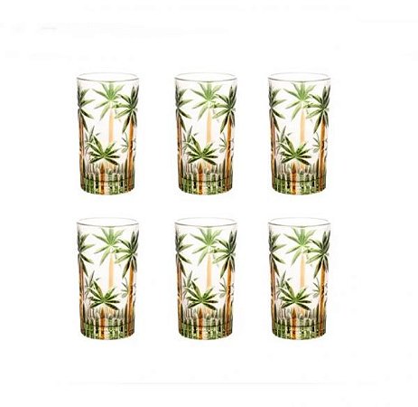 CONJUNTO 6 COPOS ALTOS CRISTAL DE CHUMBO PALM TREE HANDPAINT
