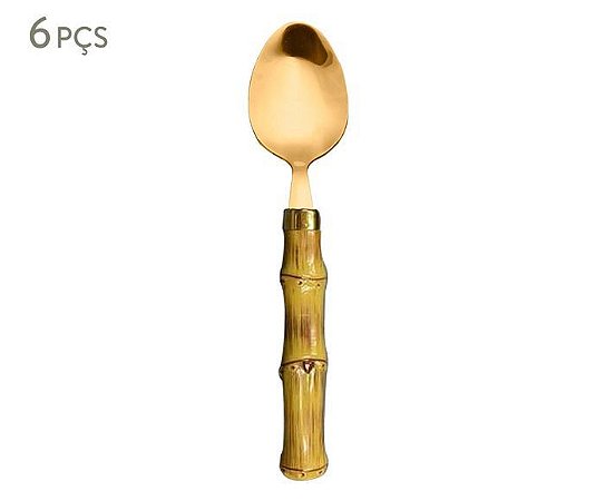 CJ 6 COLHERES DE SOBREMESA DOURADO COM CABO DE PLÁSTICO BAMBU