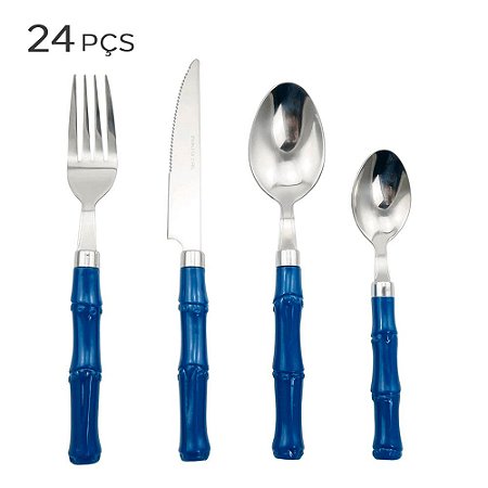 FAQUEIRO DE METAL E CABO BAMBU AZUL - 24 PEÇAS