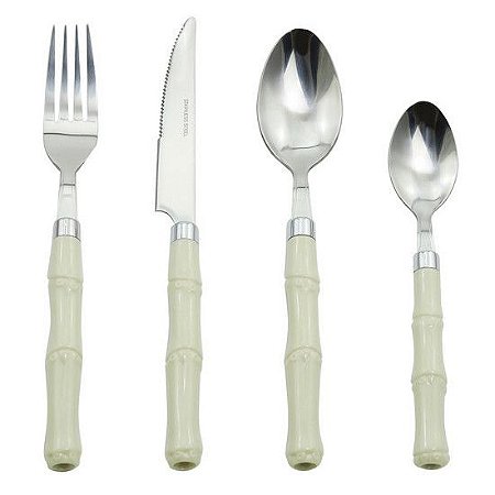 FAQUEIRO DE METAL E CABO BAMBU BRANCO - 24 PEÇAS