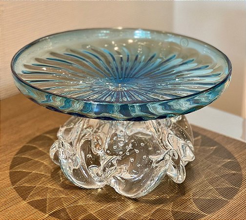 BOLEIRA MGA STUDIO MURANO COM BASE FLEUR -DEGRADÊ AZUL ACQUA