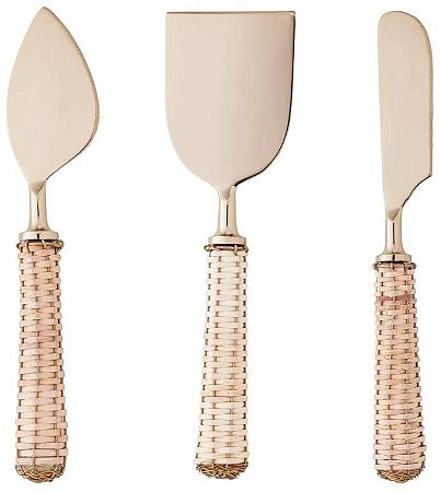CJ 3 PÇS AÇO INOX DOURADO PARA QUEIJO COM CABO RATTAN