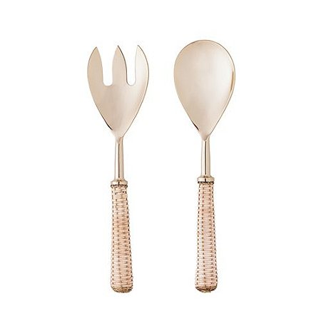 CONJUNTO 2 PÇS AÇO INOX DOURADO PARA SALADA COM CABO RATTAN
