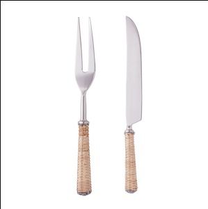 CONJUNTO 2 PÇS AÇO INOX PRATA PARA ASSADO COM CABO RATTAN