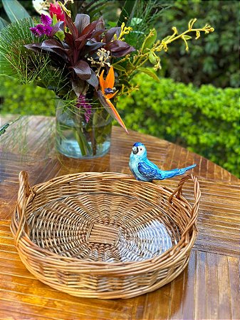 CESTA REDONDA DE VIME NATURAL COM VIDRO M - PÁSSARO AZUL