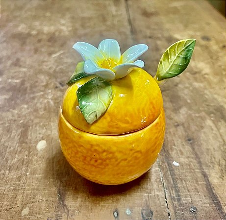 AÇUCAREIRO / PORTA GELÉIA LARANJA COM COLHER