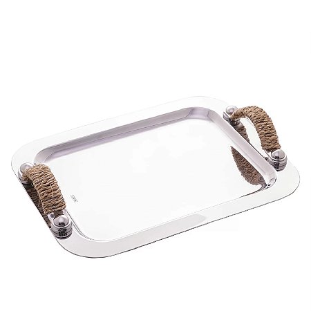 BANDEJA DE AÇO INOX COM ALÇA EM SISAL NATURE