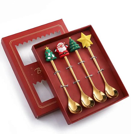 JOGO DE COLHERES DOURADO NATALINO COM 4 PEÇAS