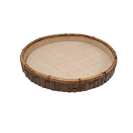 BANDEJA / PRATO DE PIZZA - MADEIRA E BAMBU COM PALHA NATURAL (ACOMPANHA BANDEJA INOX)