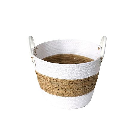CESTO DE FIBRA NATURAL BRANCO COM ALÇA - M