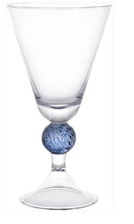 TAÇA EM VIDRO TRANSPARENTE COM HASTE BOLA AZUL