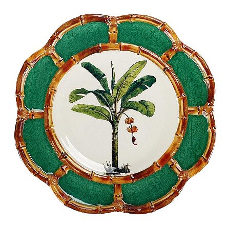 PRATO DE SOBREMESA MELAMINA VERDE COM BANANEIRA E BORDA BAMBU