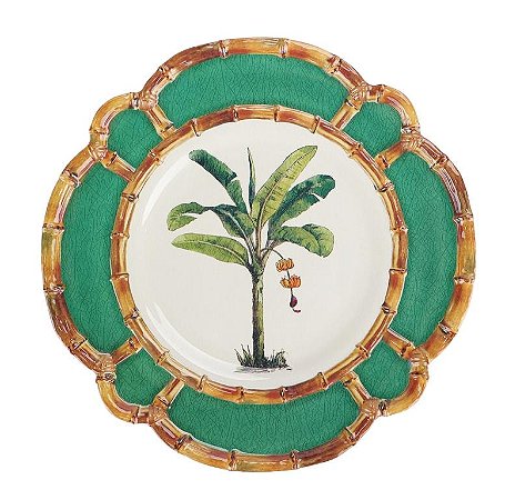 PRATO RASO MELAMINA VERDE COM BANANEIRA E BORDA BAMBU