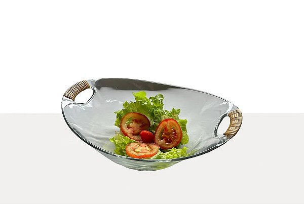 SALADEIRA OVAL DE VIDRO TRANCOSO COM ALÇA VIME CARAMELO