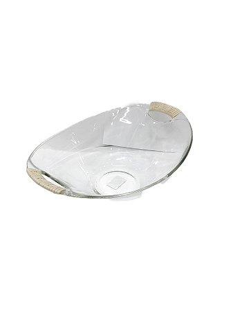 SALADEIRA OVAL DE VIDRO TRANCOSO COM ALÇA VIME CAMURÇA