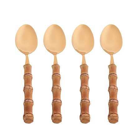 CJ 4 COLHERES PARA MESA DE AÇO INOX DOURADO C/ CABO EM BAMBU TULUM