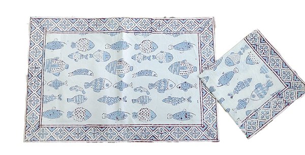 KIT JOGO AMERICANO COM GUARDANAPO NORONHA PEIXE AZUL E VERMELHO