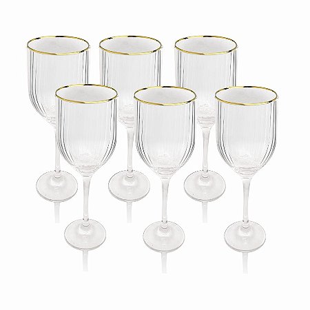 CJ 6 TAÇAS FIORE ÁGUA TRANSPARENTE COM FILETE OURO