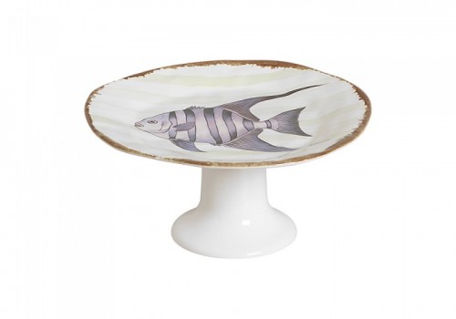 BOLEIRA / PRATO DE BOLO OU TORTA COM PÉ FISH STRIPES PEIXE - G