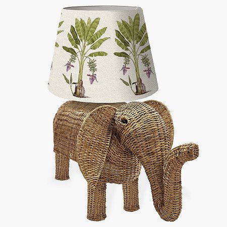 ABAJUR ELEFANTE EM JUNCO NATURAL COM CÚPULA BANANEIRA COM FRUTO