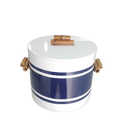 BALDE DE GELO REDONDO BRANCO COM FAIXA AZUL MARINHO E BAMBUZINHO