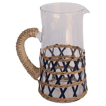 JARRA DE VIDRO COM RATTAN AZUL - 24 CM