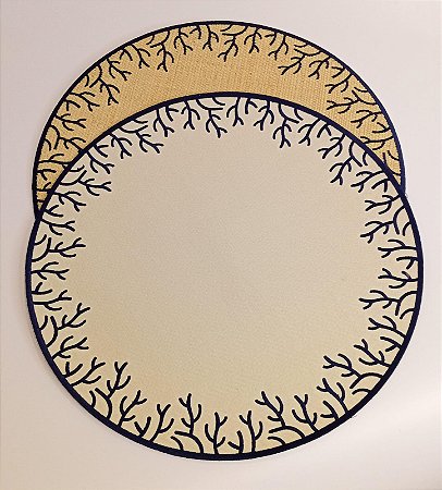 JOGO AMERICANO CORAL EM PALHA NATURAL COM BORDA AZUL MARINHO DUPLA FACE