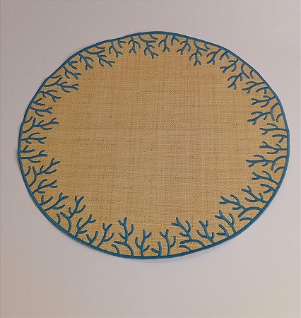 JOGO AMERICANO CORAL EM PALHA NATURAL COM BORDA AZUL TURQUESA