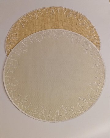 JOGO AMERICANO CORAL EM PALHA NATURAL COM BORDA BRANCO DUPLA FACE