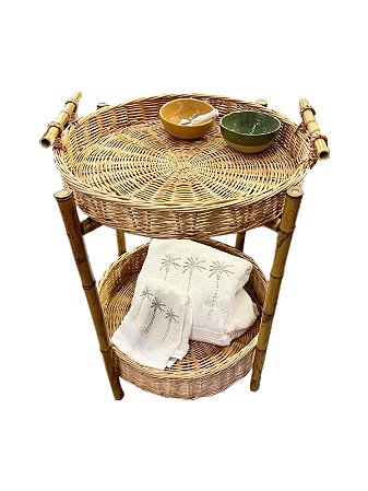 MESA / FRUTEIRA EM VIME NATURAL E BAMBU COM CESTA REMOVÍVEL COM VIDRO